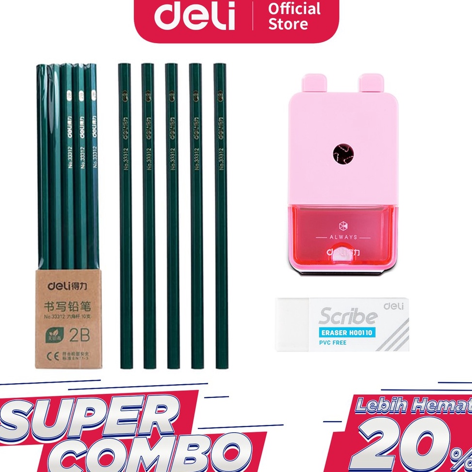 

Super Promo Deli Combo Set 2 1pcs Pensil 2B 3pcs Penghapus Rautan Putar