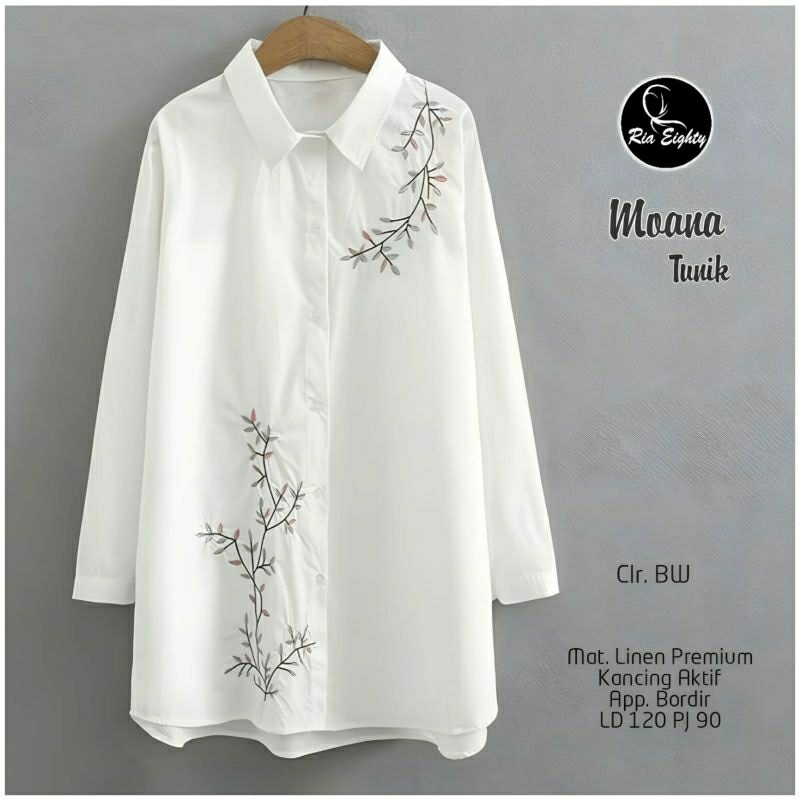 Moana Long Tunik Wanita Oversize Jumbo Polos Putih Katun Poplin Bordir Bunga Ld 120 Fit XXXL By Ria