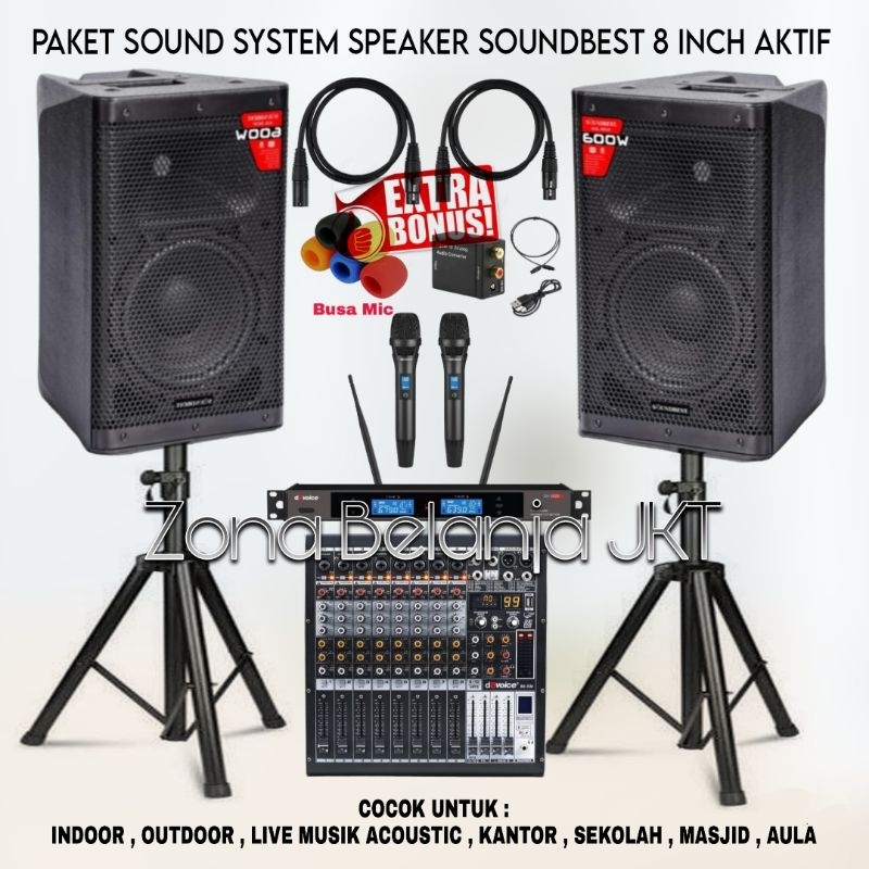 PAKET SOUND SYSTEM INDOOR KARAOKE LIVE MUSIK SPEAKER SOUNDBEST 8 INCH MIXER 10 CHANNEL USB BLUETOOTH