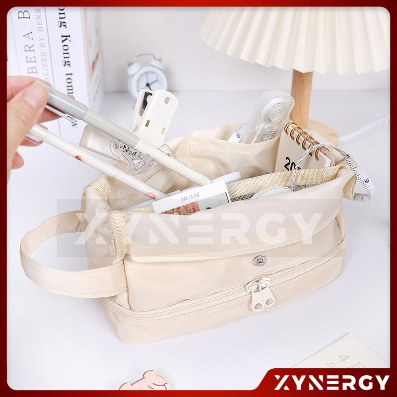 

Tempat Pensil Kanvas Kapasitas Besar Model Tas dengan tali dan klip Organizer Alat Tulis Serbaguna