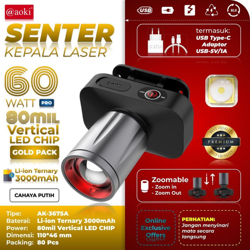 Senter Kepala ZOOM AOKI PRO  AK-3675A / AK-3675K PRO 1000 Lumen Head lamp AK 3675 K / AK 3675 A Bate