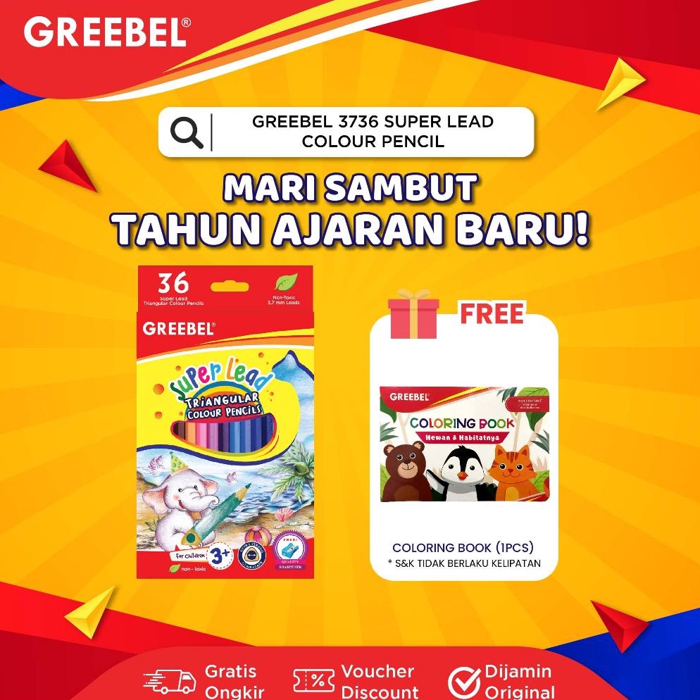 

KODE R95S GREEBEL Pensil Warna 3736 SUPER LEAD ISI 36 ColoringColorColour Pencils Cerah tidak beracun utk mewarnai anak