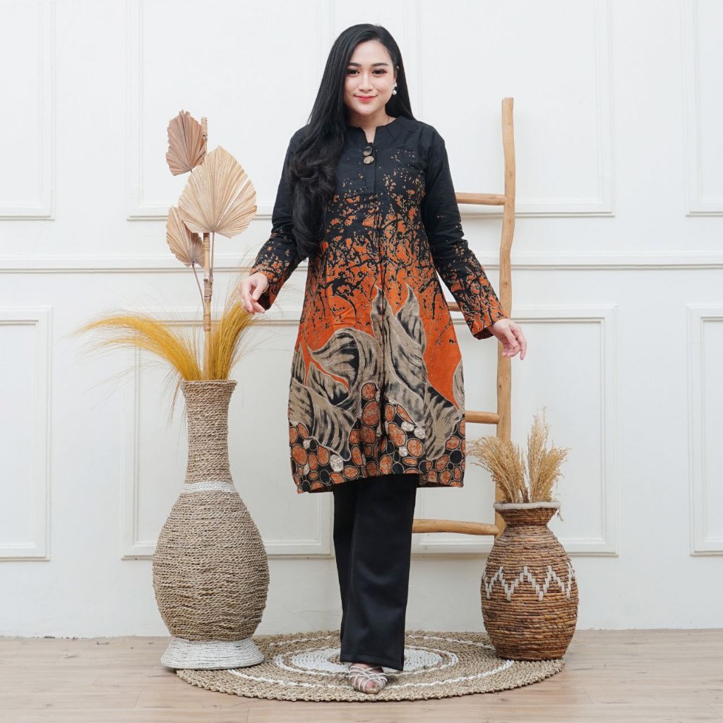 Tunik Batik Katun Halus Atasan Kantor Batik Katun Motif Daun Kelor Batik Tunik Lengan Panjang Kekini