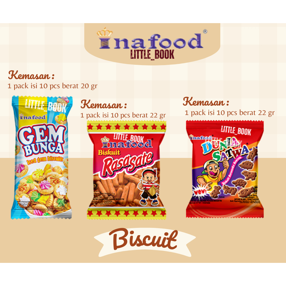 

InaFood Gem Bunga | Biskuit Dunia Satwa | Biskuit Sate 1 pack isi 10 Pcs 20 gram/pcs
