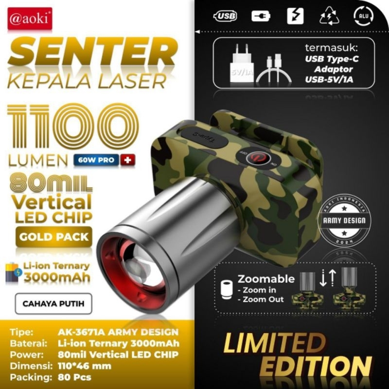 AOKI SENTER KEPALA LED ZOOM 60WAT AK-3671A 60W PRO 20 JAM CAHAYA PUTIH + CHARGER DAN KABEL USB