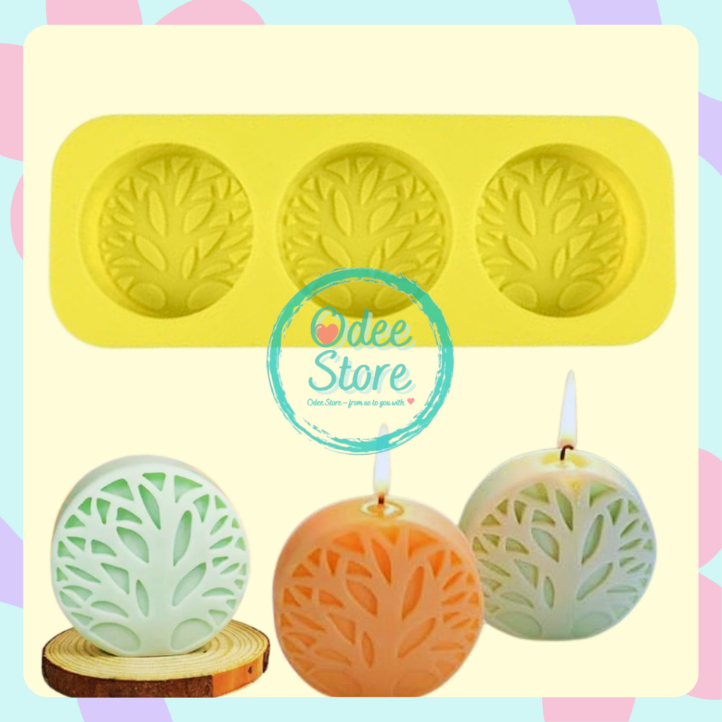 OdeeStore Cetakan silikon silicone mold bulat motif daun pohon leaf tree; sabun soap lilin coklat