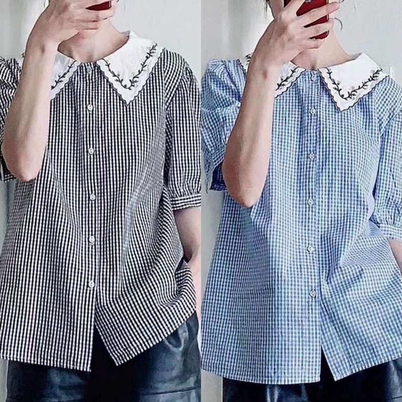 BLUS KATUN KOTAK HITAM PUTIH BIRU KERAH PUTIH BORDIR BUNGA KOREA IMPORT