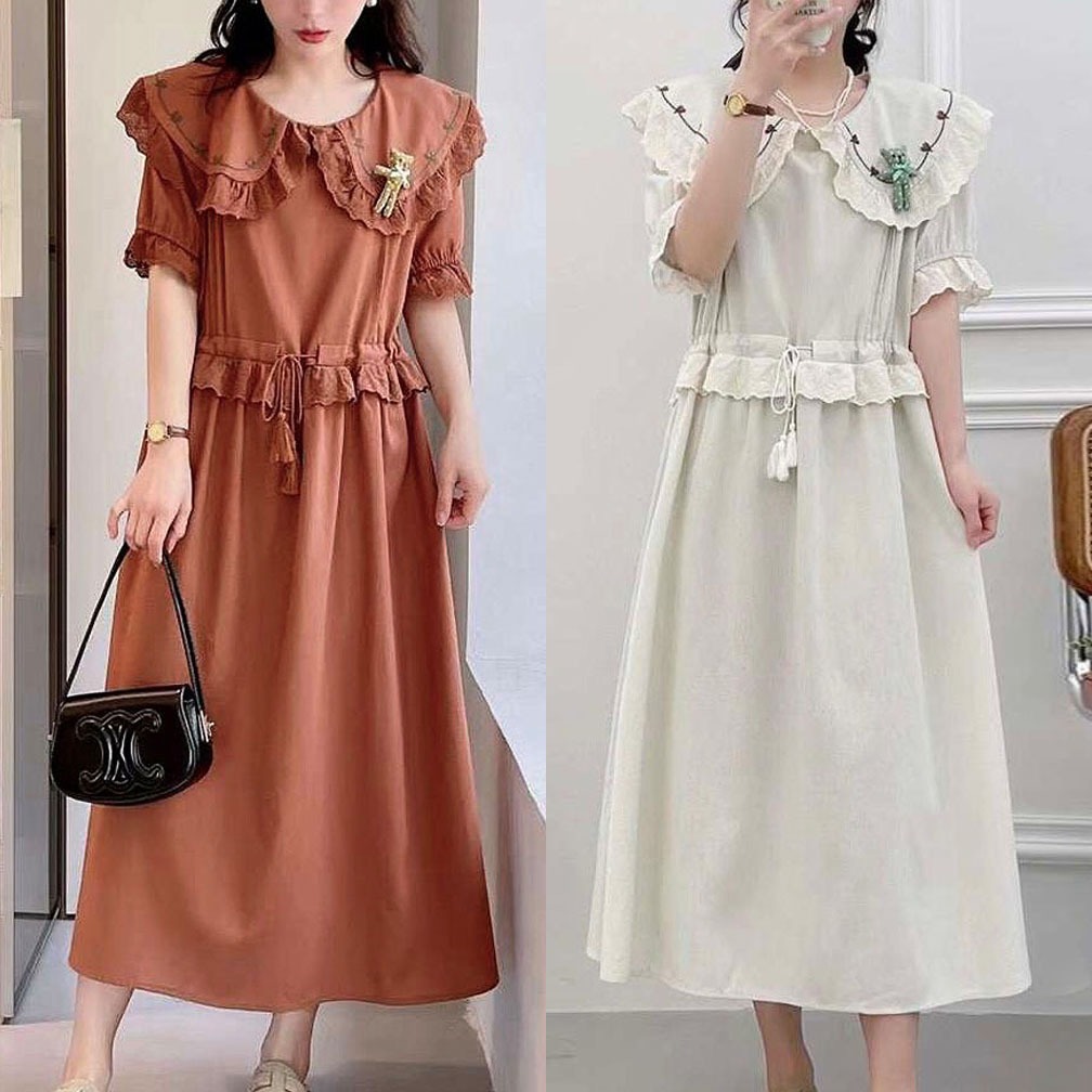 DRESS LINEN COKLAT ORANGE PUTIH IVORY KERAH COLLAR LEBAR & PINGGANG RUFFLE LACE SERUT TASSEL KOREA I