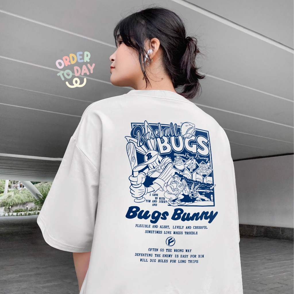 Order To Day T-shirt Oversize Bugs Bunny Baseball Kaos Pria Wanita Hitam Putih