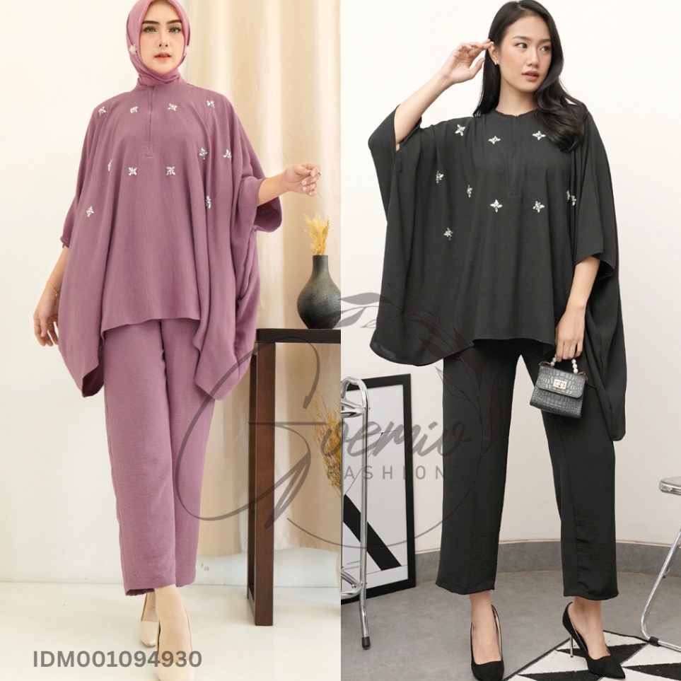 ilook  One Set Luminor Setelan Atasan Kaftan Payet Dan Celana Wanita Cringkle Casual Kondangan Polos