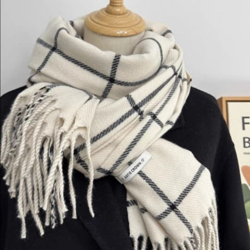 syal kasmir kotak-kotak crown korea unisex untuk musim dingin (pria & wanita)