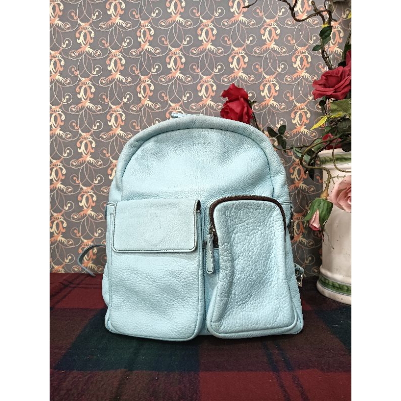 Tas Ransel Backpack Fashion Hoze Mint Light Blue Biru Muda Leather Kulit Asli Minus Kotor Pemakaian 