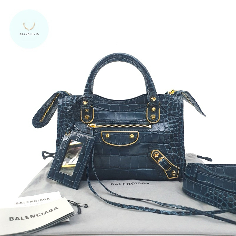 Balenciaga mini city Croco shiny embossed Blue denim GHW