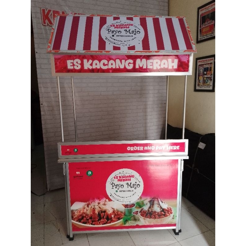 Booth Portable Meja Lipat Rombong Es Minuman Makanan Jajanan ukuran 120x60 Berstiker dilengkapi Atap