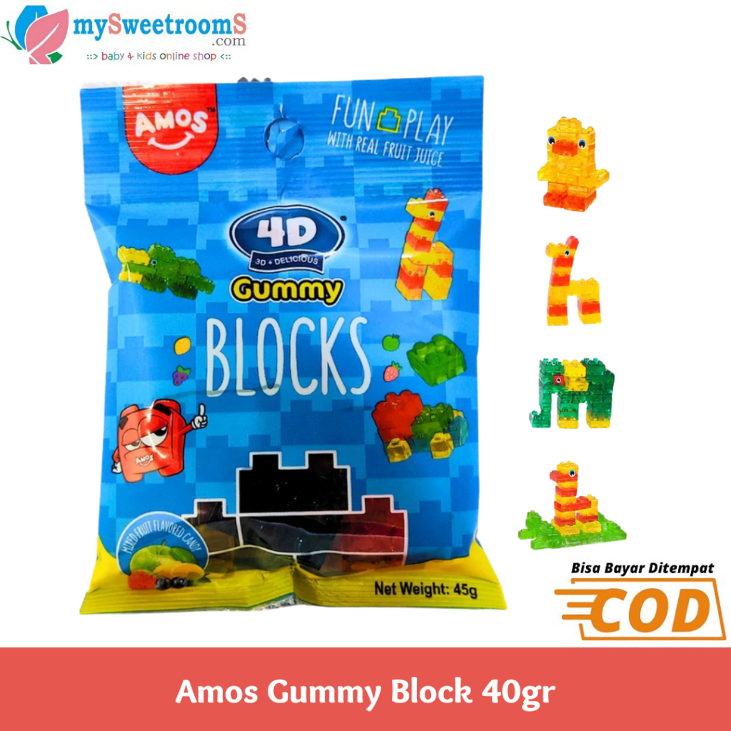 

Amos Gummy Candy Blocks 40GR / Permen Lunak / Permen Jelly 4D Bentuk Balok