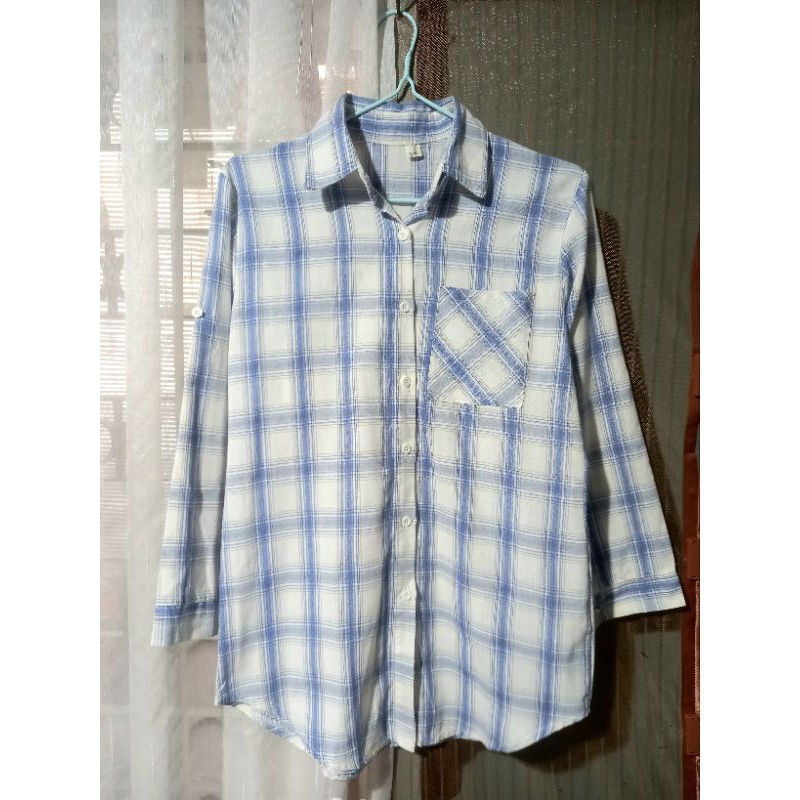 Kemeja Kotak Biru Putih Oversize Lengan Panjang Fashion Outer Long [PRELOVED]