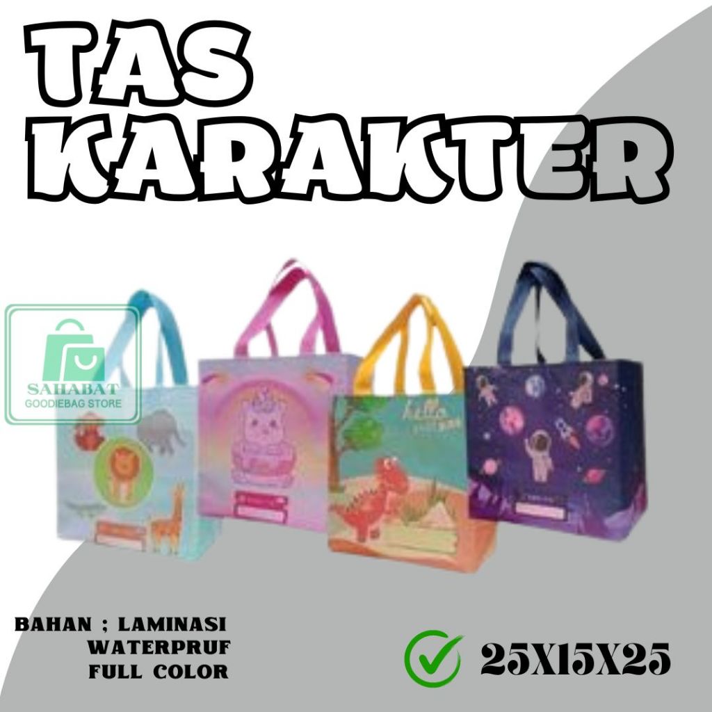 

sovenir tas karakter uk 25x25 isi 12pcs tas kado,tas laminasi