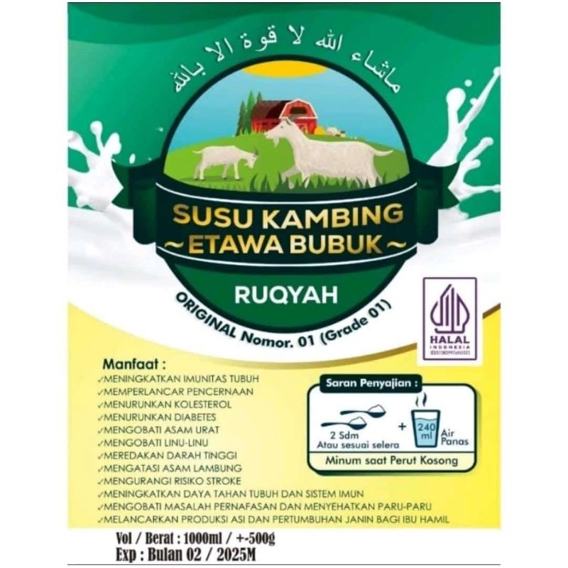 

Susu kambing etawa bubuk 500g+ Ruqyah Original tanpa gula nomer 01 ( Grade 01)