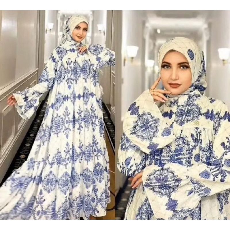 Gamis Biru Putih Set Hijab Shellasaukia