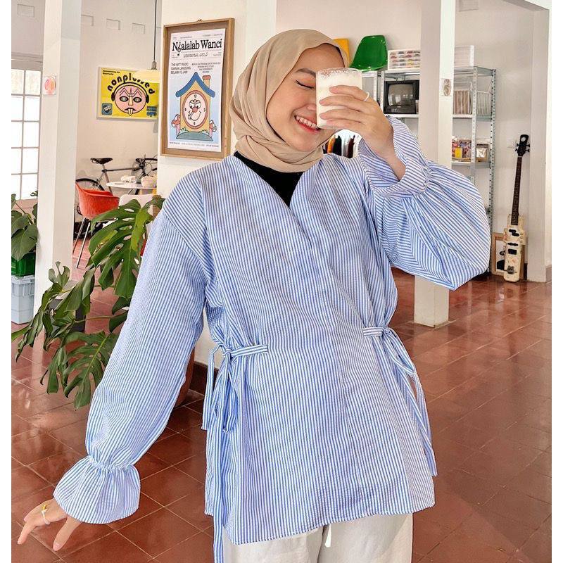 MILY ZORA STRIPE TOP SHIRT IMPORT KEMEJA  COTTON ATASAN BLOUSE WANITA KEKINIAN