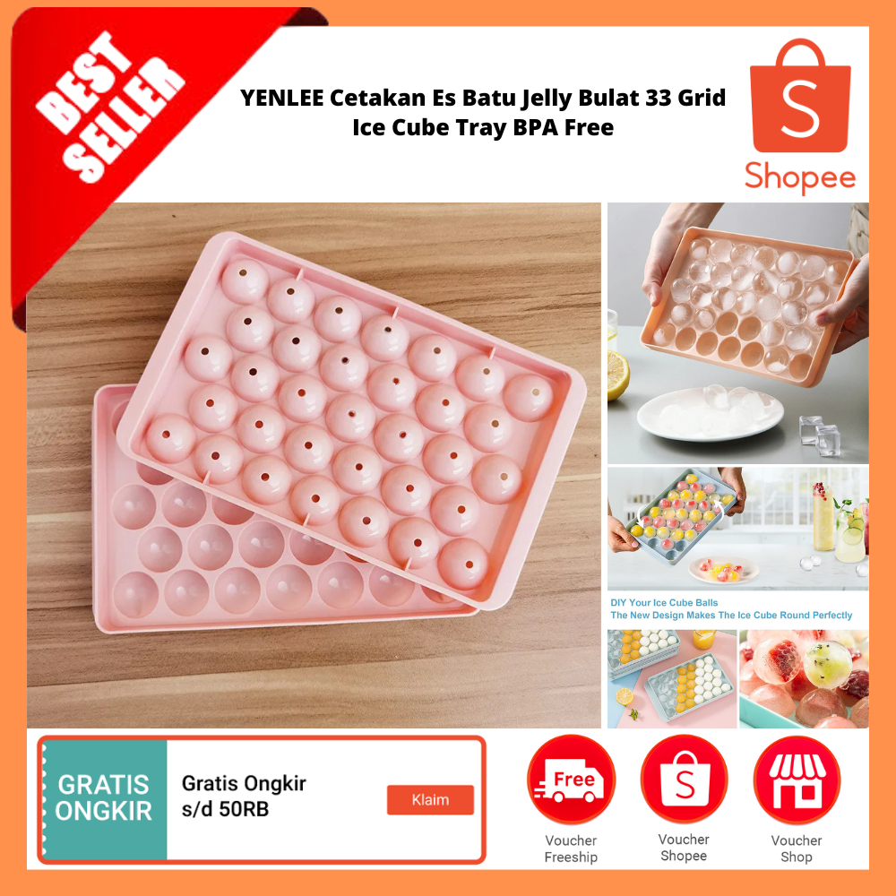 Cetakan Es Batu Jelly Bulat 33 Grid Ice Cube Tray BPA Free / Cetakan Plastik Es Bulat dengan Tutup