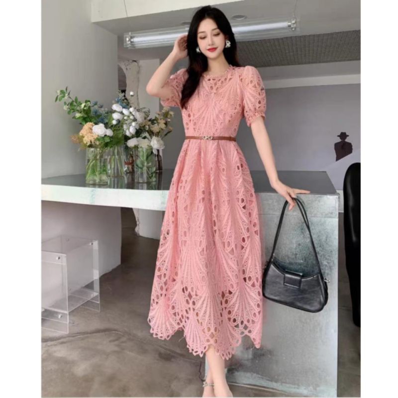 53200 (FreeBELT) Baju DRESS MARSHA EMBROIDERED LACE DRES KATBOL katun bolong Korea Korean style wani