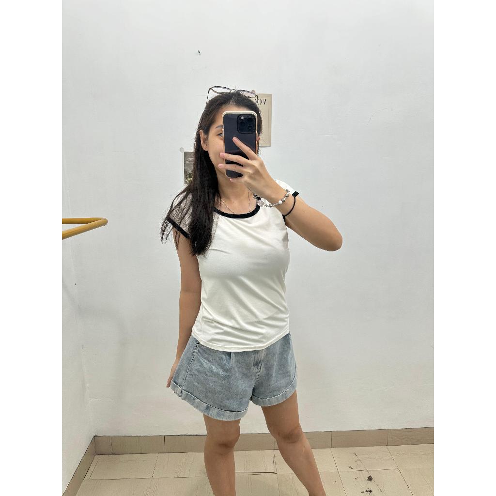 Cela Top - Kaos Polos List Wanita Spandek Squere - neck / All size dan Jumbo