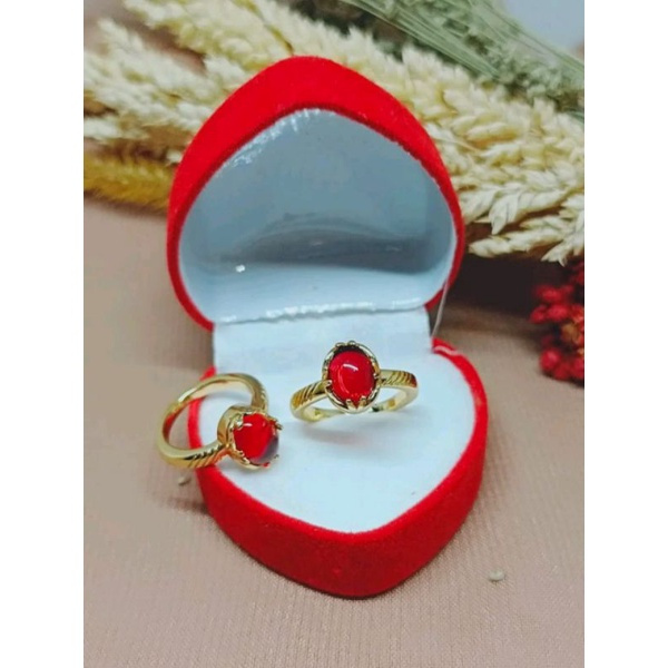 Cincin Batu Merah Delima Dewasa Pria Dan Wanita Lapis Emas 22K Titanium