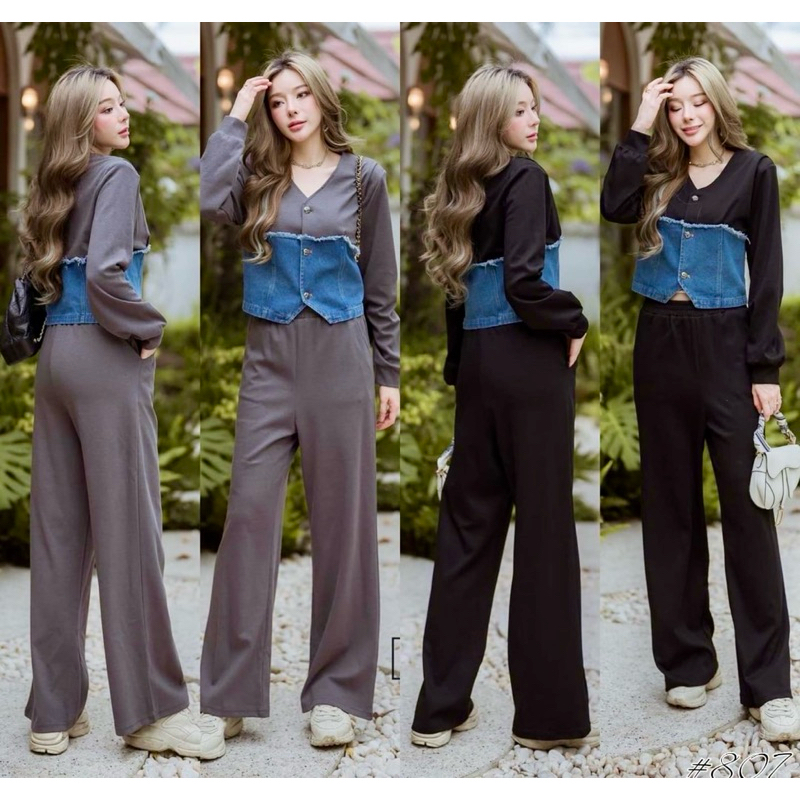 ONE SET WANITA KATUN DENIM KEMEJA JEANS LENGAN PANJANG CELANA KULOT IMPORT