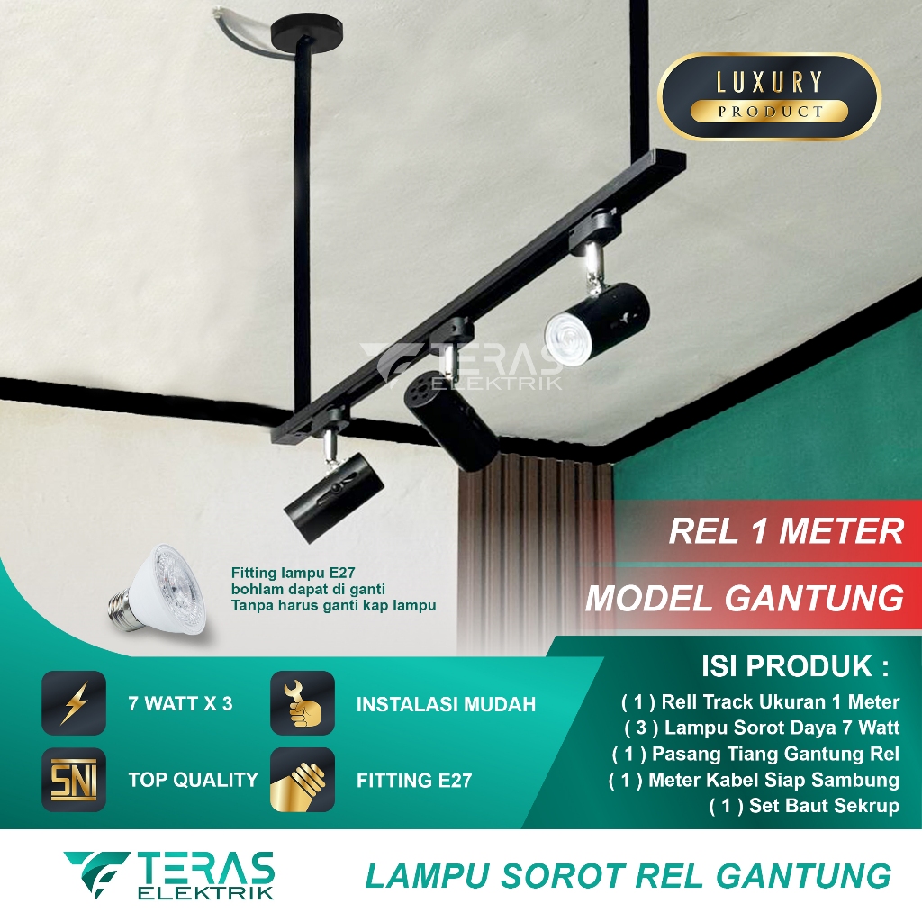 Lampu sorot rel Paket Lampu Sorot Rel Track Light 3 Spot LED 7 Watt Panjang Rel 1 Meter Paket Lampu 
