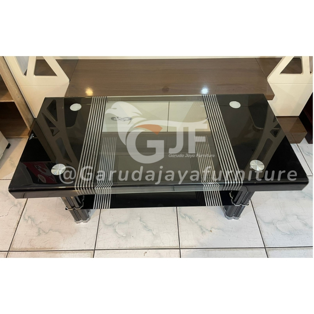 MEJA TAMU KACA DUA TINGKAT/MEJA SOFA/MEJA RUANG TAMU KACA HITAM BERMOTIF/MEJA TAMU MINIMALIS