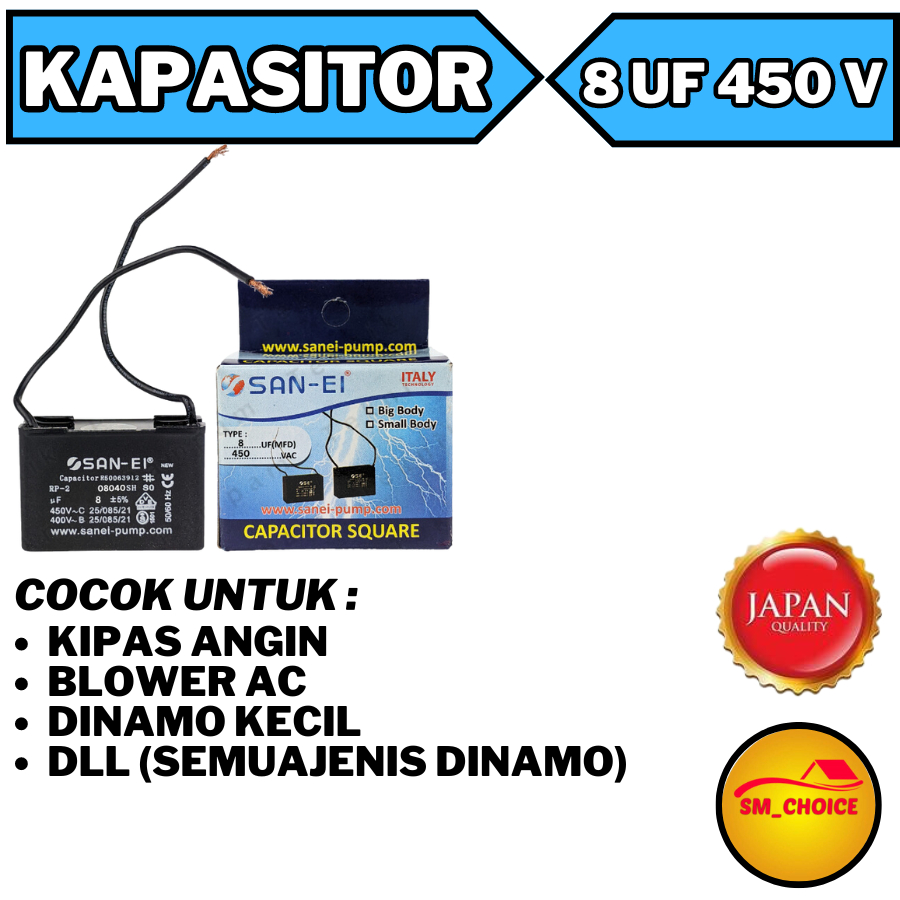 SAN EI KAPASITOR 8 UF 450V SANEI KOTAK CAPACITOR SAN-EI 8 UF MIKRO 450 VOLT CAPASITOR KIPAS ANGIN