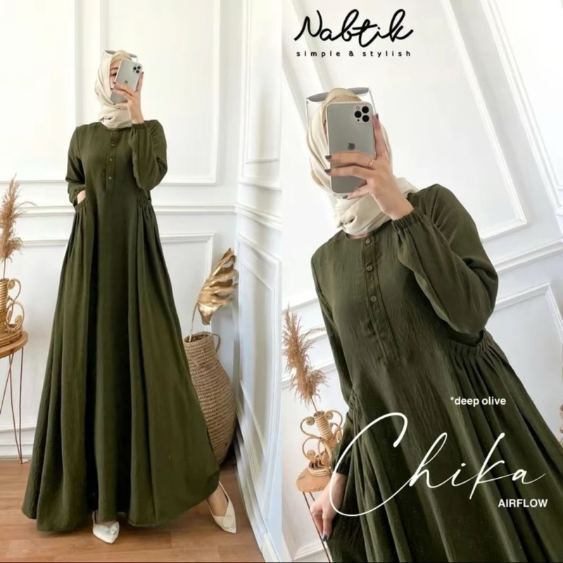 gamis cika/ gamis cika nabtik/gamis polos/ gamis putih polos/gamis kringkle air flow/gamis kekinian 