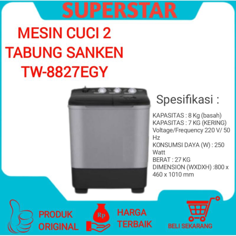 Mesin Cuci 2 Tabung Sanken Tw-8827Egy/TW-8827EGY