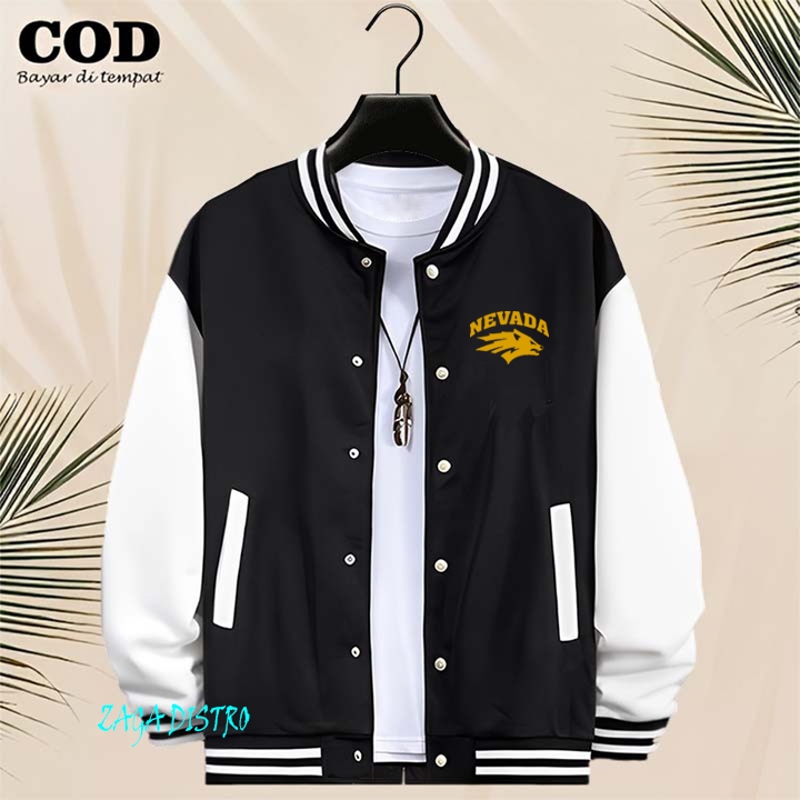 BISA COD Jaket Bomber Varsity Baseball Kancing Nevada Text Gold Jaket Varsity Pria / Baseball Distro