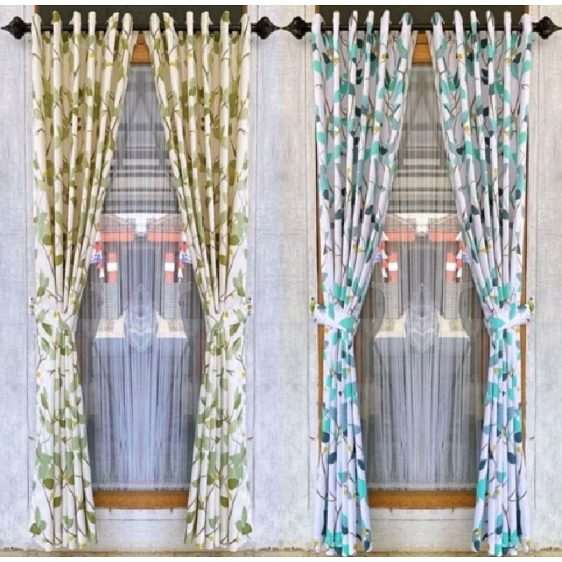 Gorden blackout motif bunga varian warna biru hijau model smokring silver