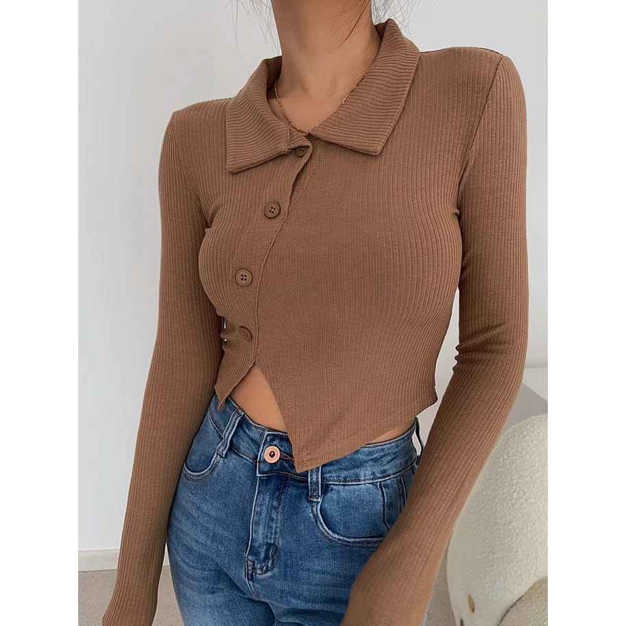 Long Sleeve Button Rib Crop Top Polo Shirt Knite Kancing Samping (L/XL)
