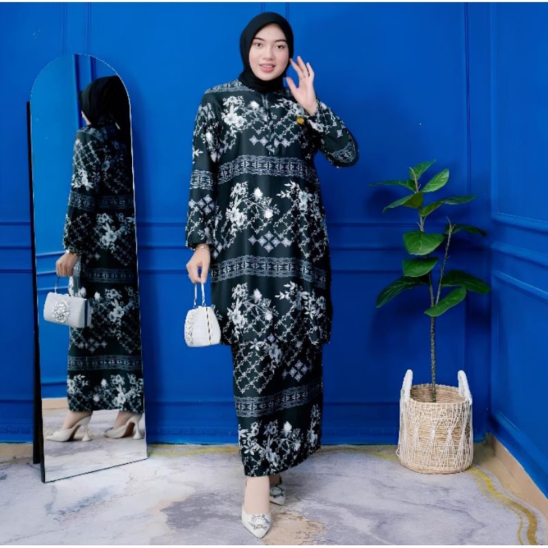 Setkurung Motif Etnik Premium Setelan Baju Rok Melayu Atasan Bawahan Busui Hitam Army Lavender Ukura