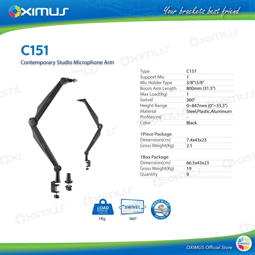 Professional Suspension Boom Microphone Arm Armoured Studio Bracket Stand Oximus C151 - C151 Black