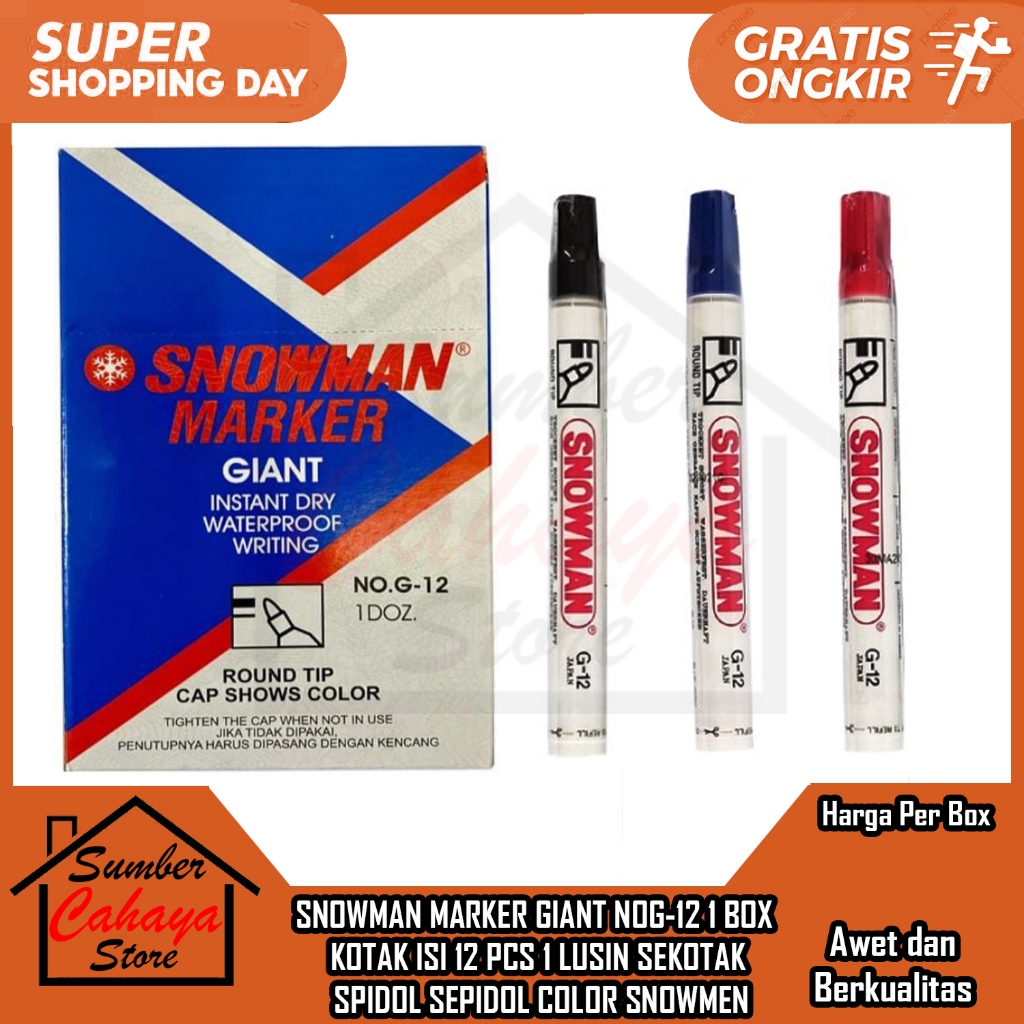 

Spidol Permanent Snowman Marker Giant G 12 G-12 Permanen Snowmen Sepidol Warna Hitam Biru Merah 1 Box Per Pack Bolpen Balpen Ball Point Pen Pena Bolpoin Kantor Sekolah Alat Papan Tulis Balpen ATK Kantor Gudang Barang Lancip Luncip Warni