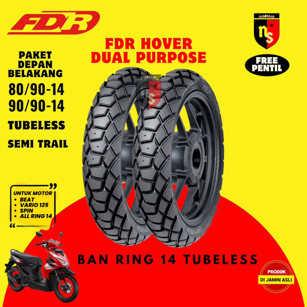 Paket ban tubeless matic FDR Ultimate Hover 80/90 + 90/90 ring 14 gratis pentil