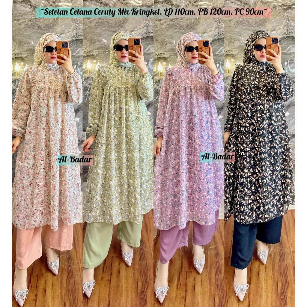 SETELAN CELANA CERUTY MIX KRINGKEL MOTIF BUNGA/ATASAN CERUTY CELANA KRINGKEL MODEL TERBARU/SETCEL RE