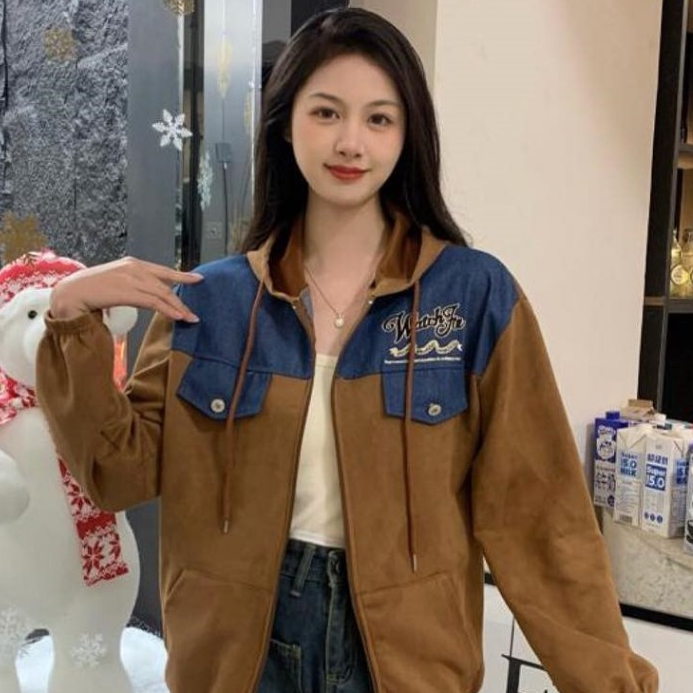 Jaket Hoodie Zipper Wanita Premium Suede Bludru Kombinasi Denim Allsize - Watch For