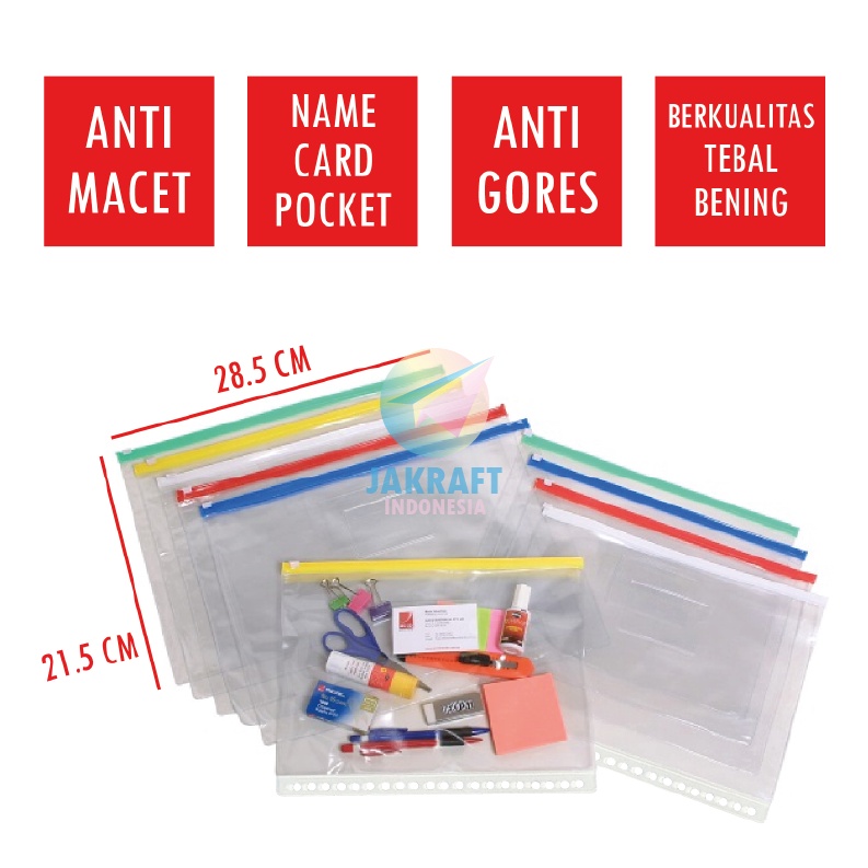 

WAH 1 Pcs Zipper Bag Pocket B5 INTERX FOLDER 285 x 215 cm Plastik Mika Bening Tebal Pocket Anti Air 26 Lubang Document Bag