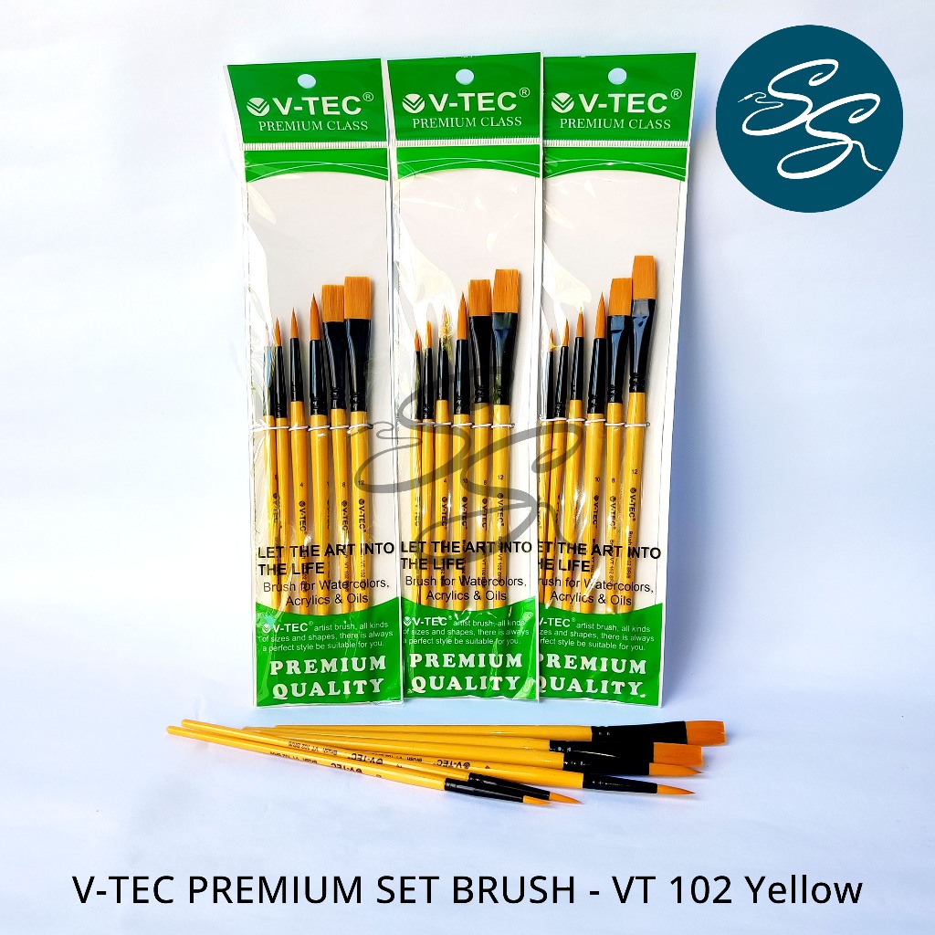 

Paint Brush Set (6 Pcs) - V-TEC SET BRUSH - VT 102 YELLOW BR/6 - Kuas Lukis 1 Set isi 6 Pcs Nylon Flat & Round Brush