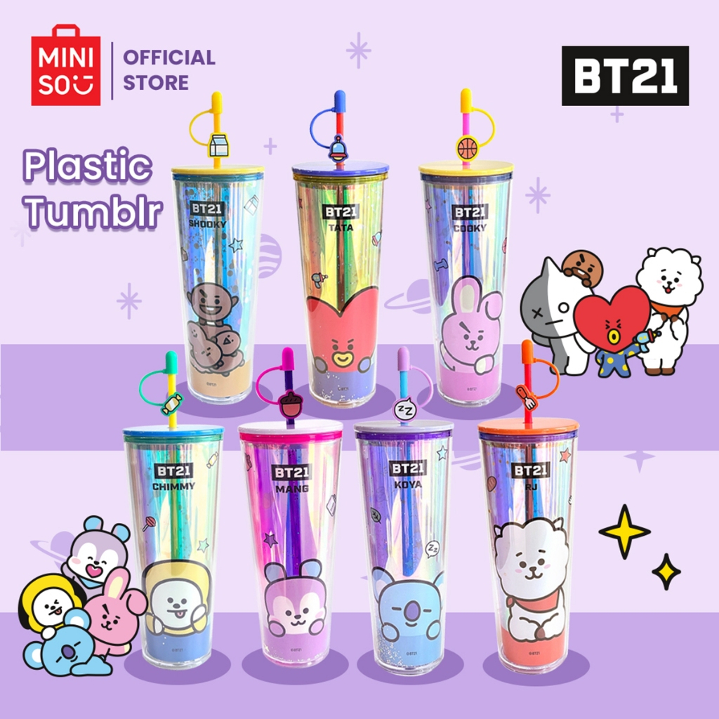 Miniso x BT21 Collection Cangkir Plastik Cangkir Jerami Dengan Penutup Cangkir Kopi Berkapasitas Bes