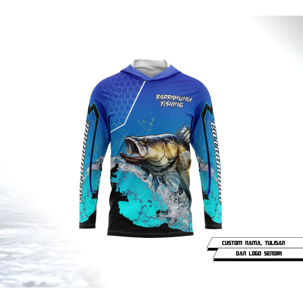 Kaos Jesey Mancing Custom nama, tulisan dan logo / jersey mancing BARRAMUNDI berkupluk.