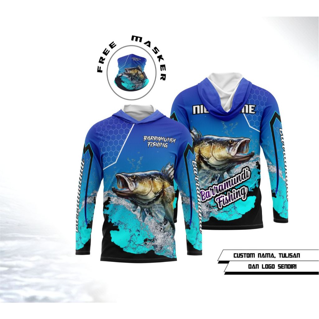 Kaos Jesey Mancing Custom nama, tulisan dan logo / jersey mancing BARRAMUNDI berkupluk Free masker