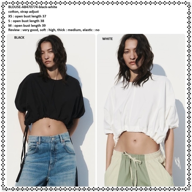 AB470774 Baju Atasan Crop Top Blouse Kaos Lengan Pendek Serut Wanita Korea Import Black White Hitam 