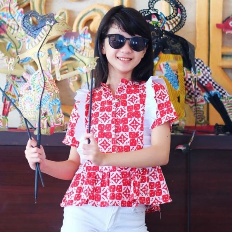 BLUS BATIK ANAK RED CLARISSA BAHAN KATUN  MERAH PUTIH MURAH